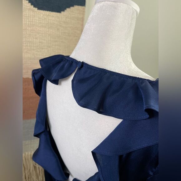 For Love and Lemons 🍋 Blue Satin Better Open Back Ruffle Blouse Size S - Picture 11 of 11